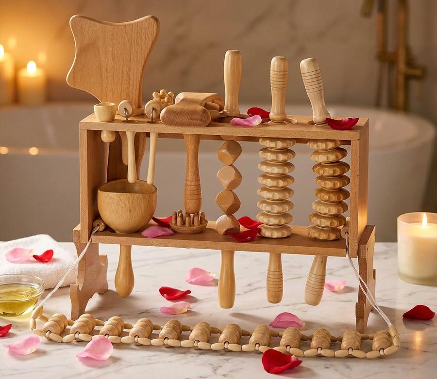 Wood therapy massage tools on spa surface