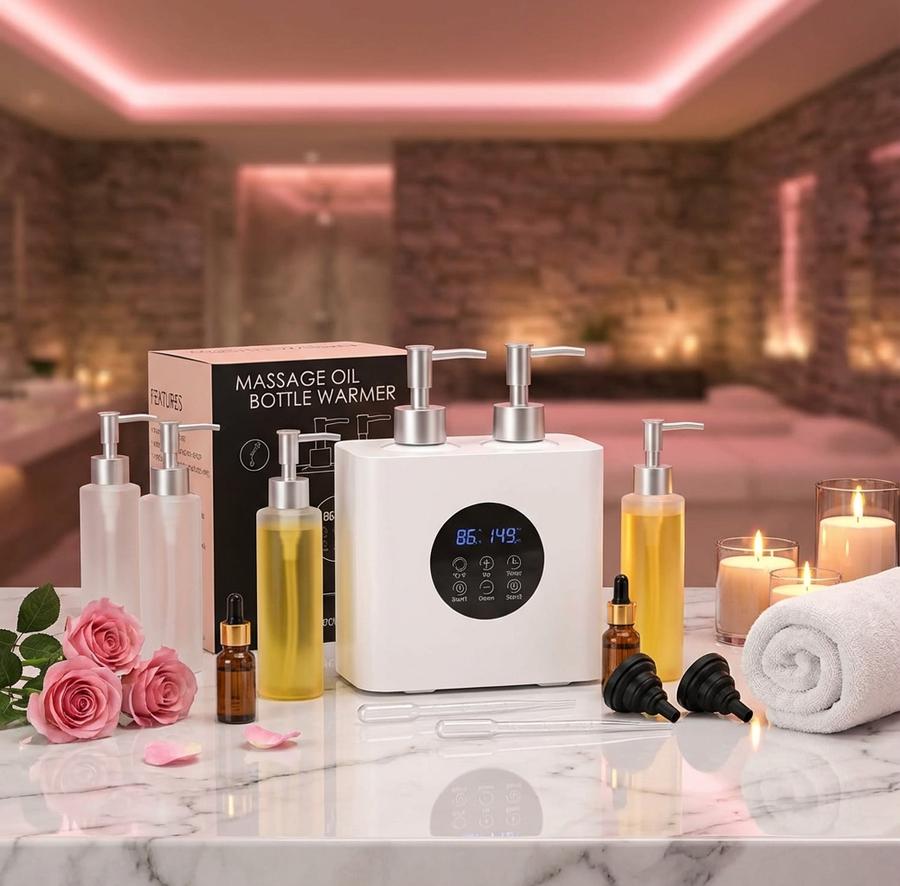 Massage oil warmer in spa setting